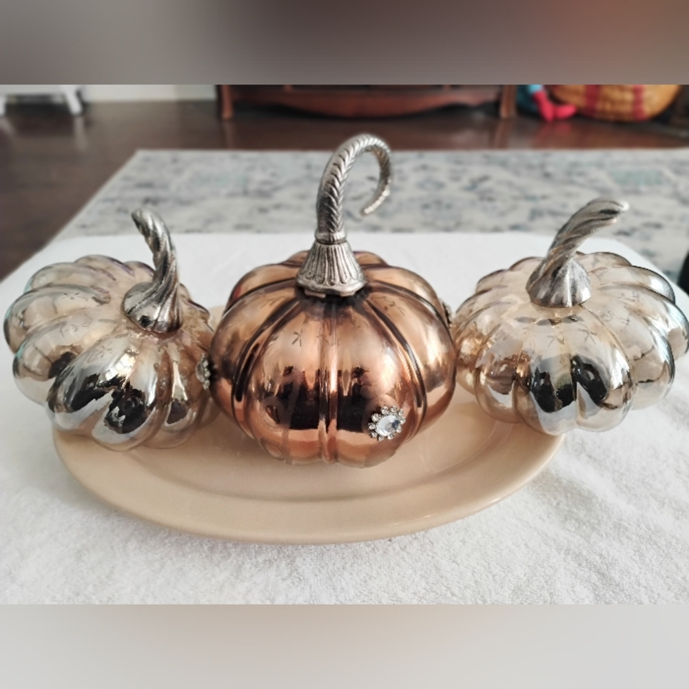 Trio Of 3 Glass Vintage Pumpkins W/ Metal Stems